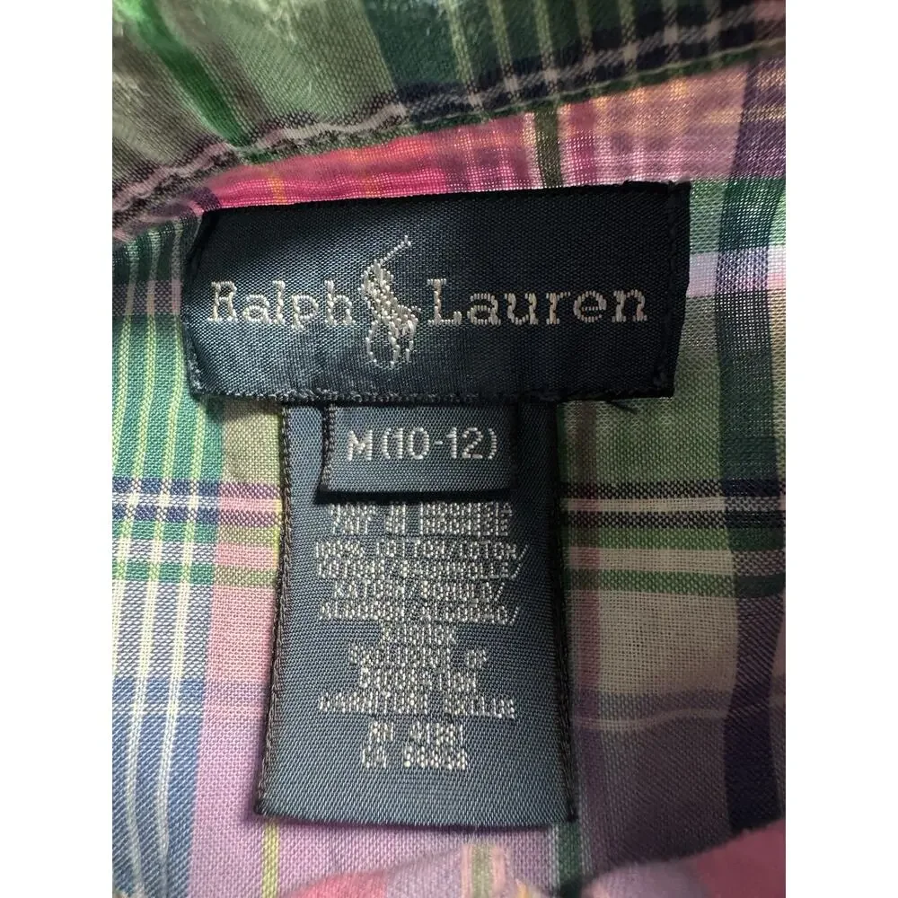 Ralph Lauren Boys M 10-12 Pink Green Plaid Button Front Shirt Pony Logo